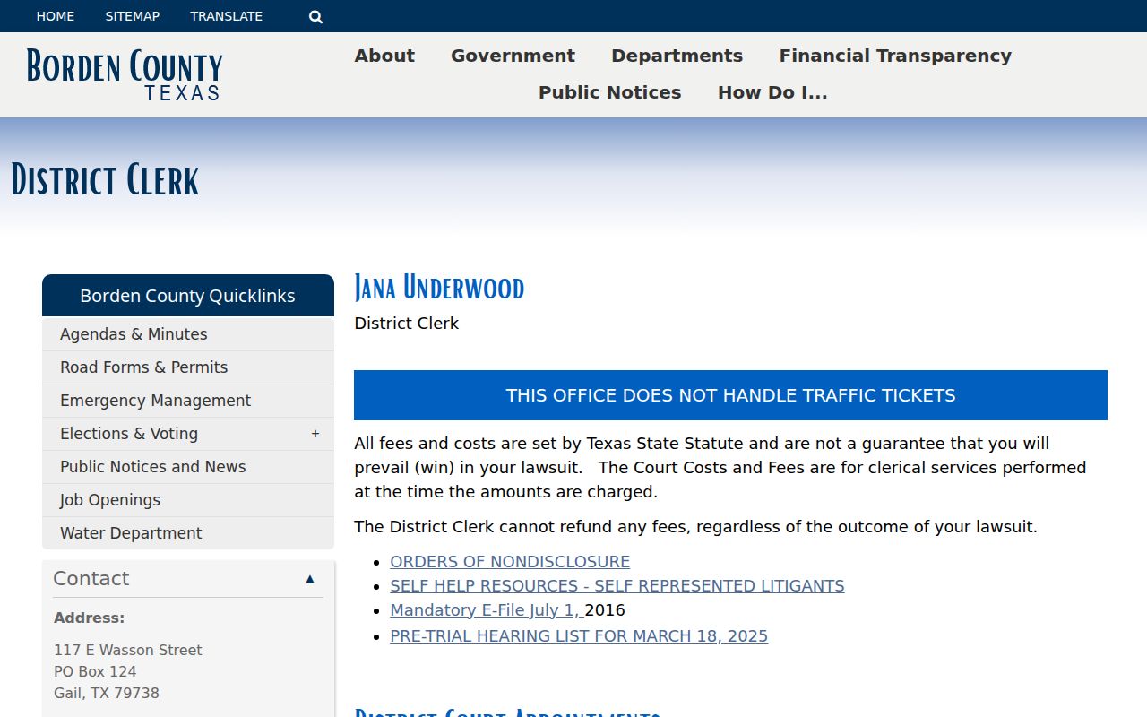 Borden County warrant search records: combined District Clerk page and its published office limits