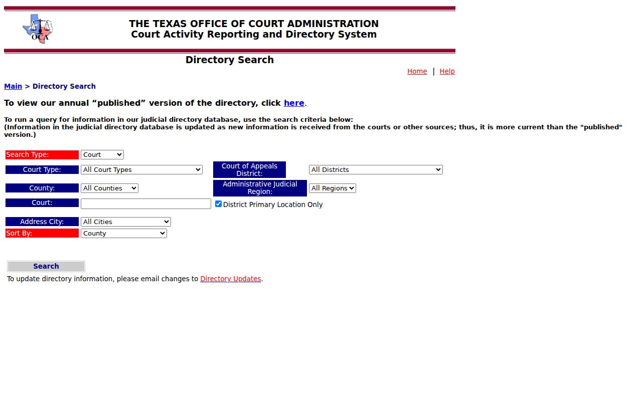 Borden County municipal warrant records: OCA directory fields used to check court presence, not case status