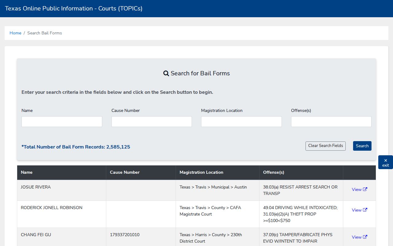 Borden County traffic warrant records: statewide bail-form search fields, not a JP warrant list