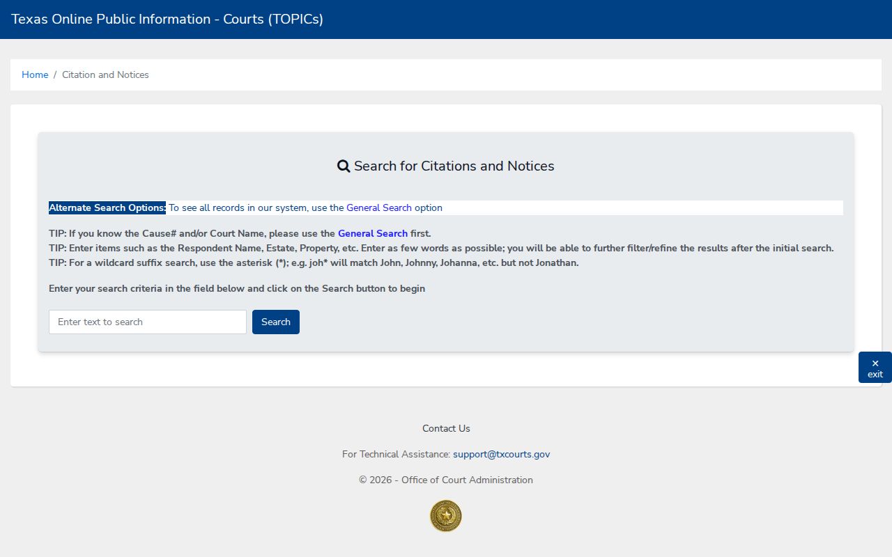Borden County warrant search records: statewide citation and notice fields, not a local warrant portal