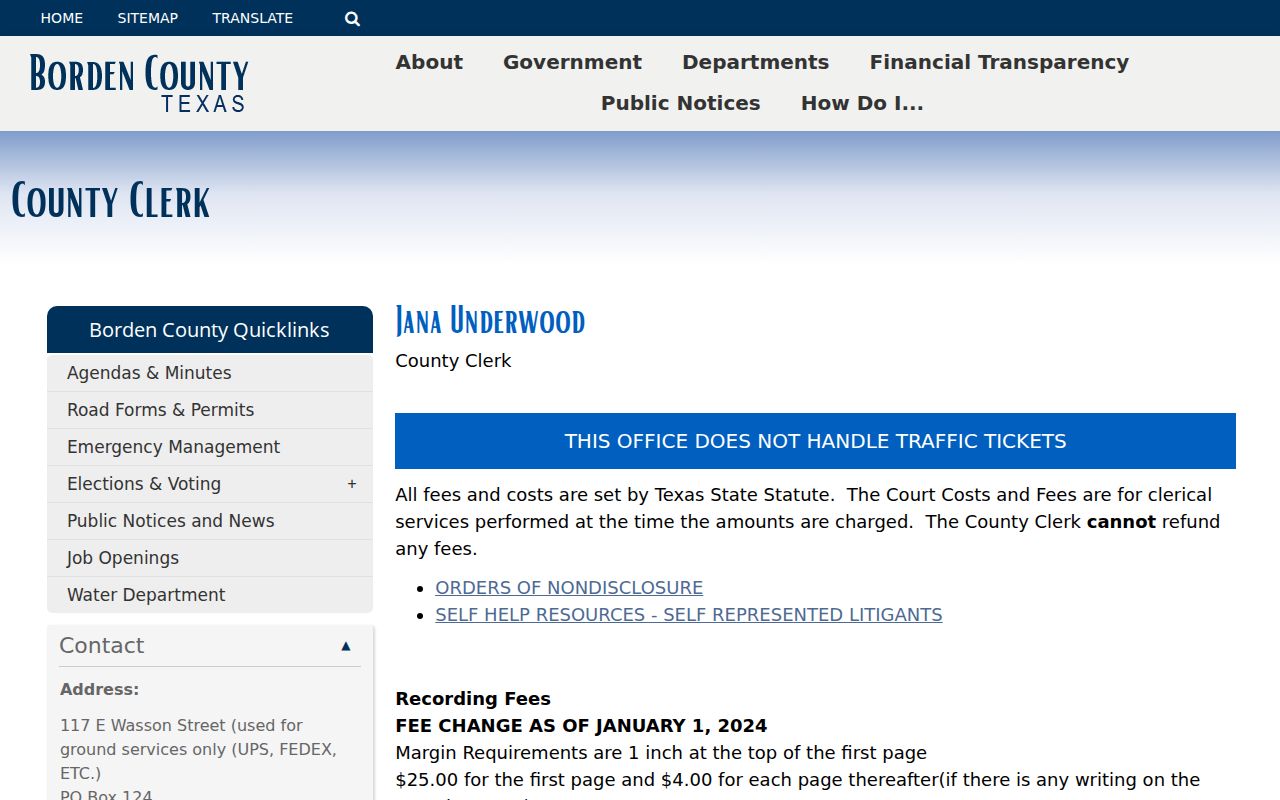 Borden County warrant records: combined County and District Clerk page with traffic-ticket limitation