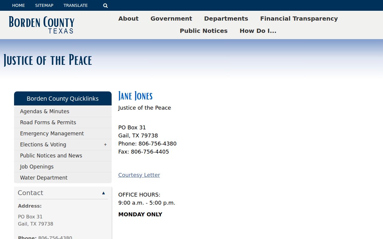 Borden County traffic warrant records: official countywide JP contact page and published court phone