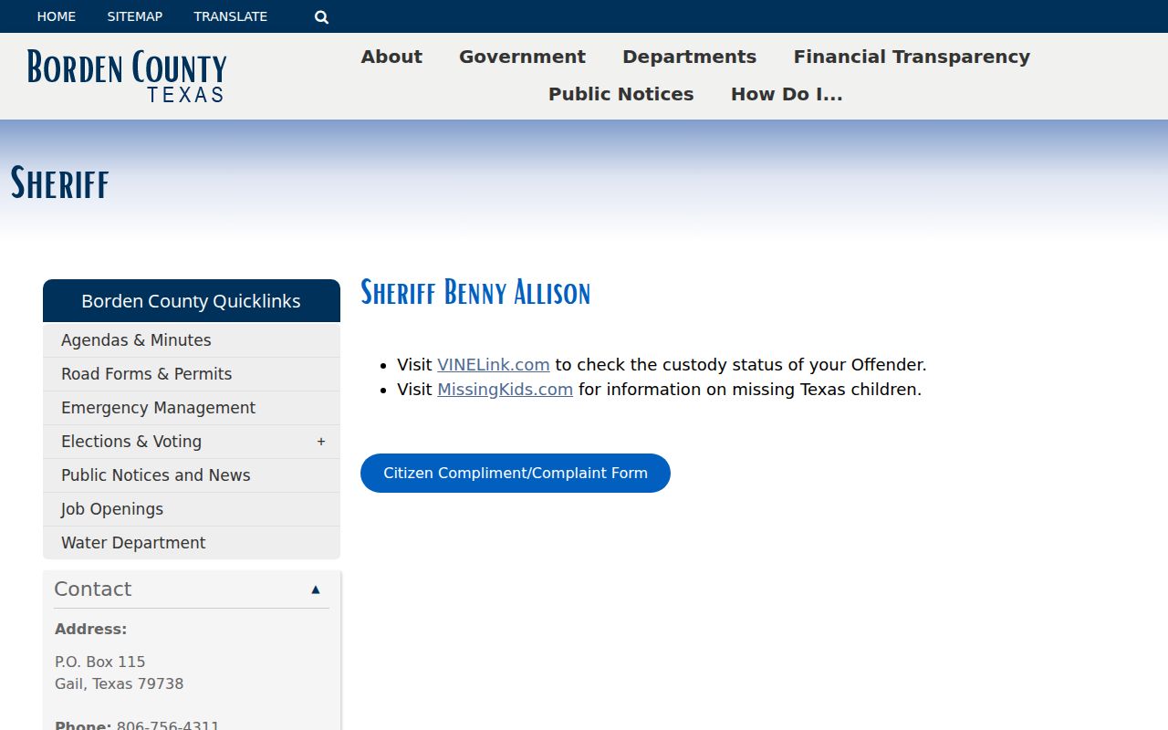 Borden County warrant records: official Sheriff contact page with agency phone and no online warrant search